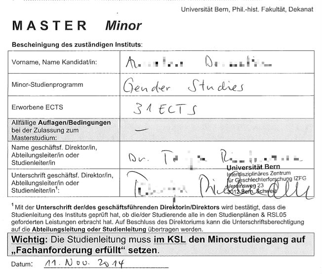 Ein Bild der Bescheinigung des Institutes zum bestandenen Master Minor