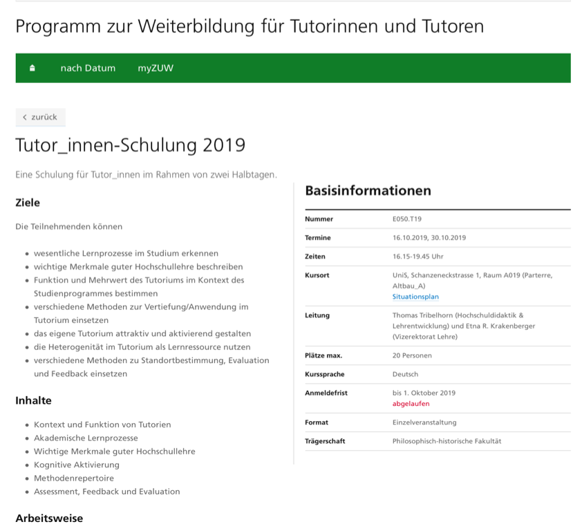 Ein Screenshot der Website zur Tutor*innenschulung 2019